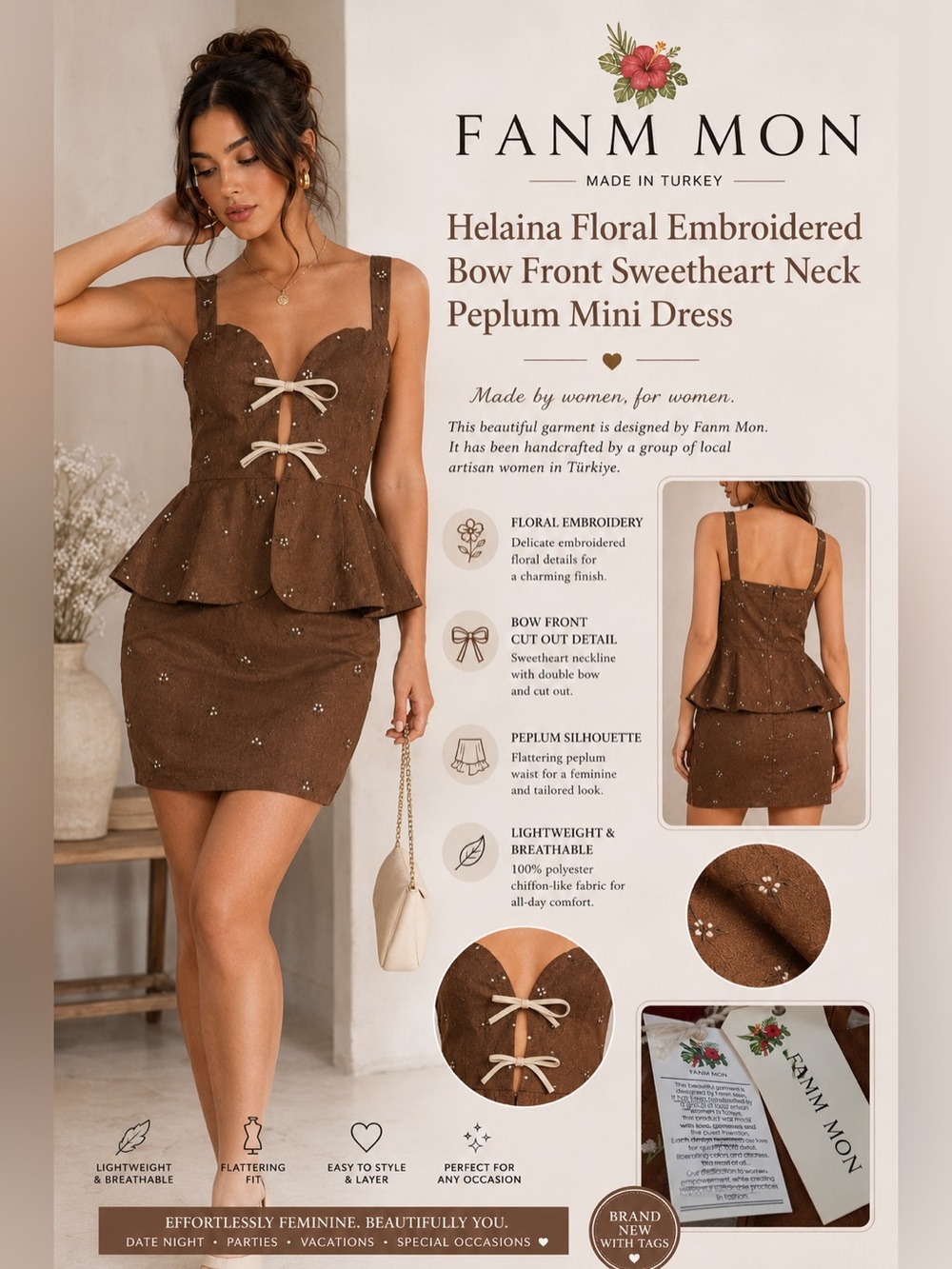 Fanm Mon-Helaina Floral Embroidered Bow Front Sweetheart Neck Peplum Mini Dress